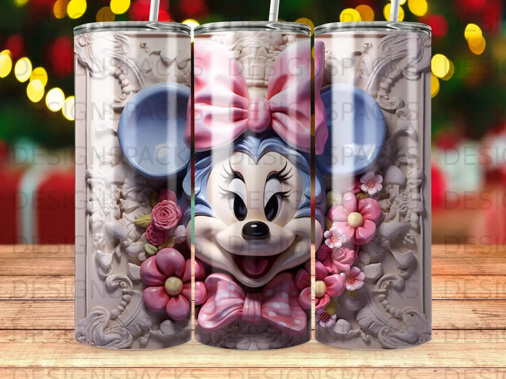 Minnie Mouse 3D embossed tumbler with pink bows and flowers.
