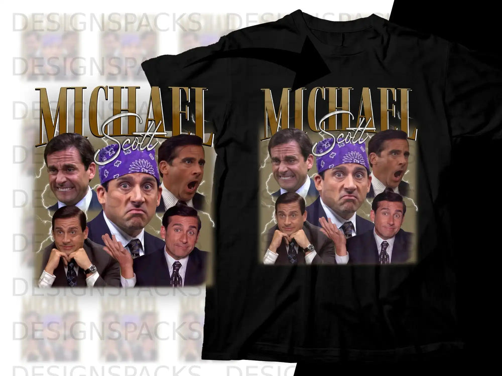 Michael Scott collage with bandanas and various expressions on a black t-shirt.