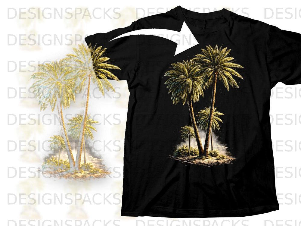 Black t-shirt with a graphic of lush palm trees with golden foliage.
