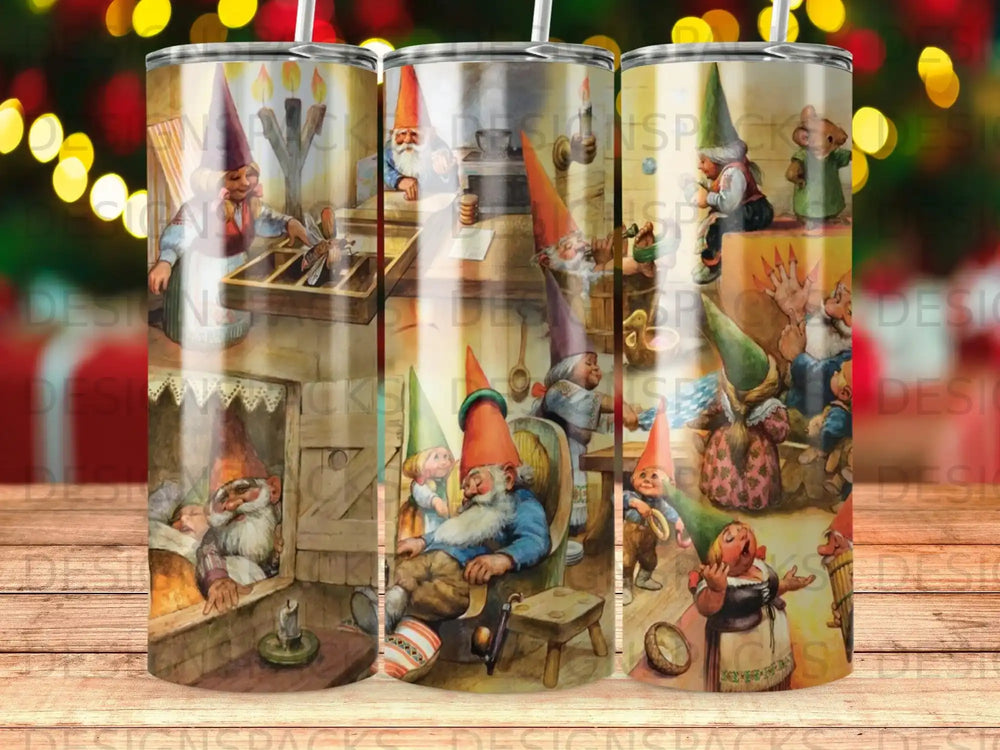 Gnomes working and relaxing in a workshop, in a rustic, whimsical style.