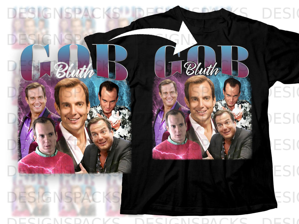 Gob Bluth graphic with multiple images of the actor Will Arnett on a black shirt.