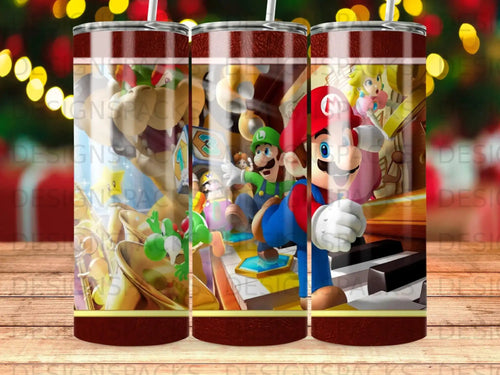 Mario characters on a piano keyboard, with stylized lights in background.