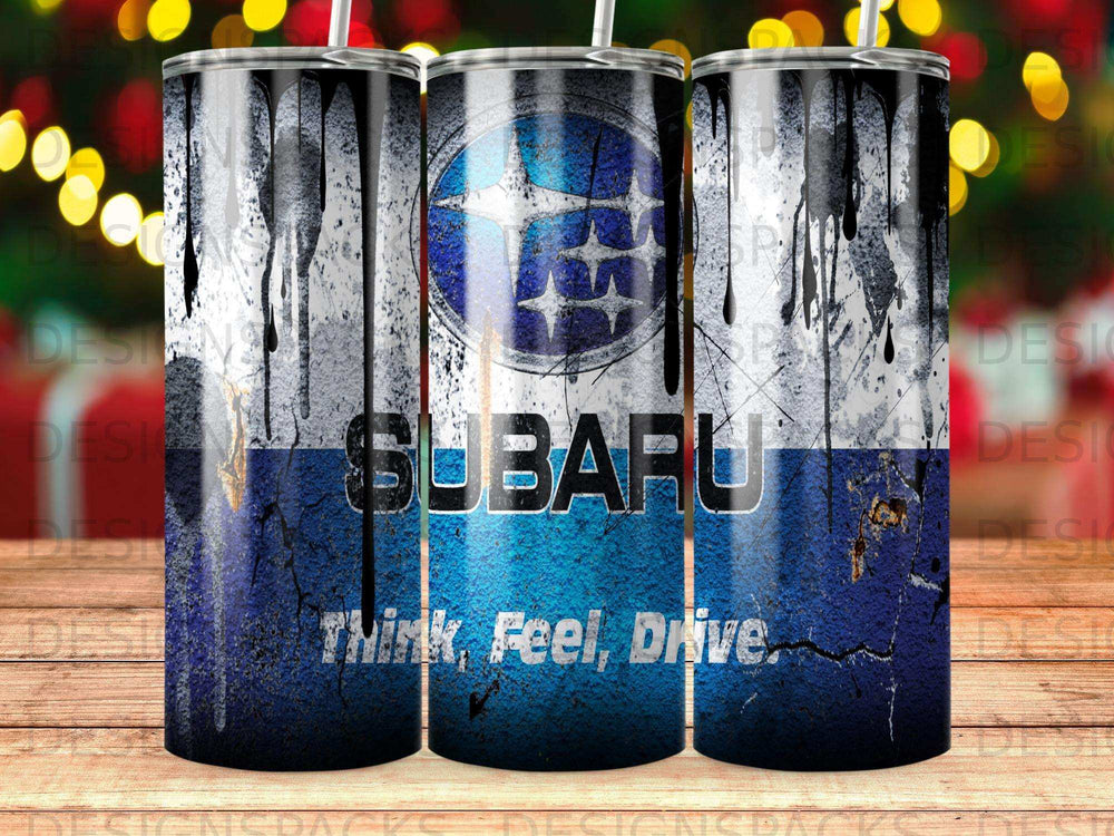 Subaru logo and slogan "Think, Feel, Drive" on a blue and white textured tumbler.
