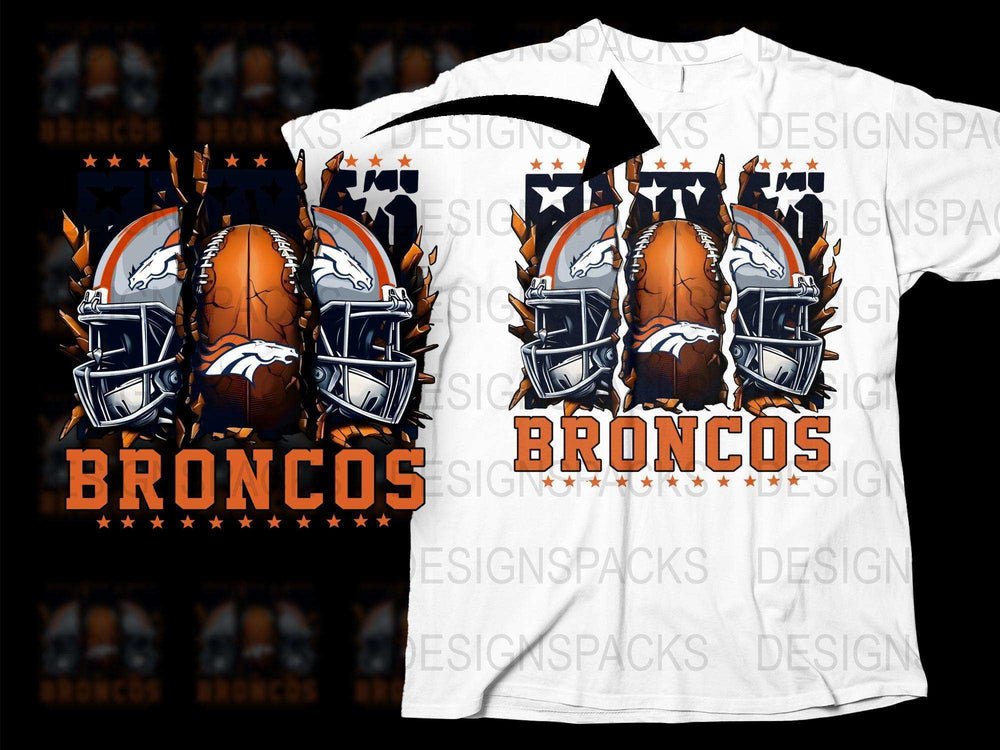 Denver Broncos Football Helmet Graphic T-Shirt, Team Sports Fan Apparel, White Orange Design