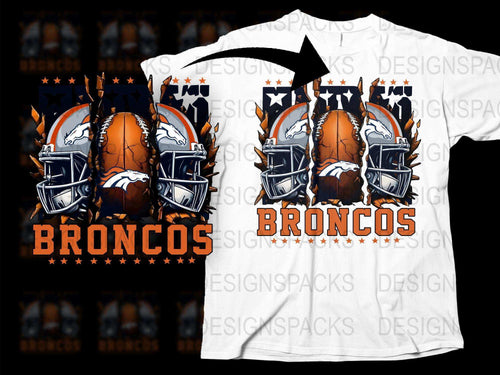 Denver Broncos Football Helmet Graphic T-Shirt, Team Sports Fan Apparel, White Orange Design