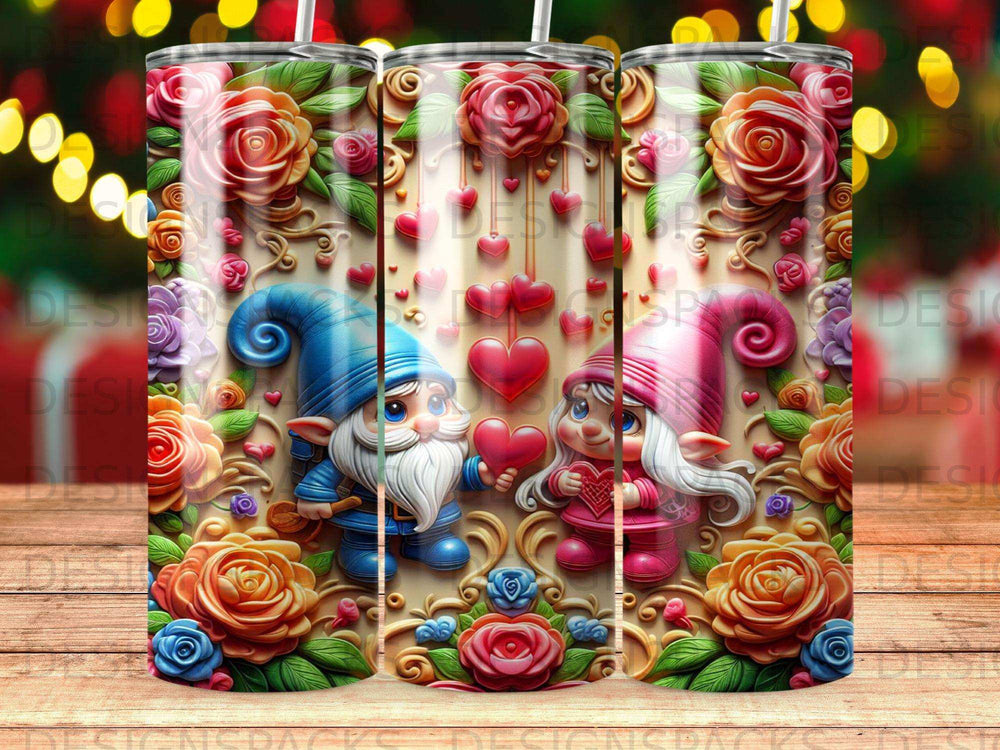 Valentine gnomes holding hearts among roses and hearts.