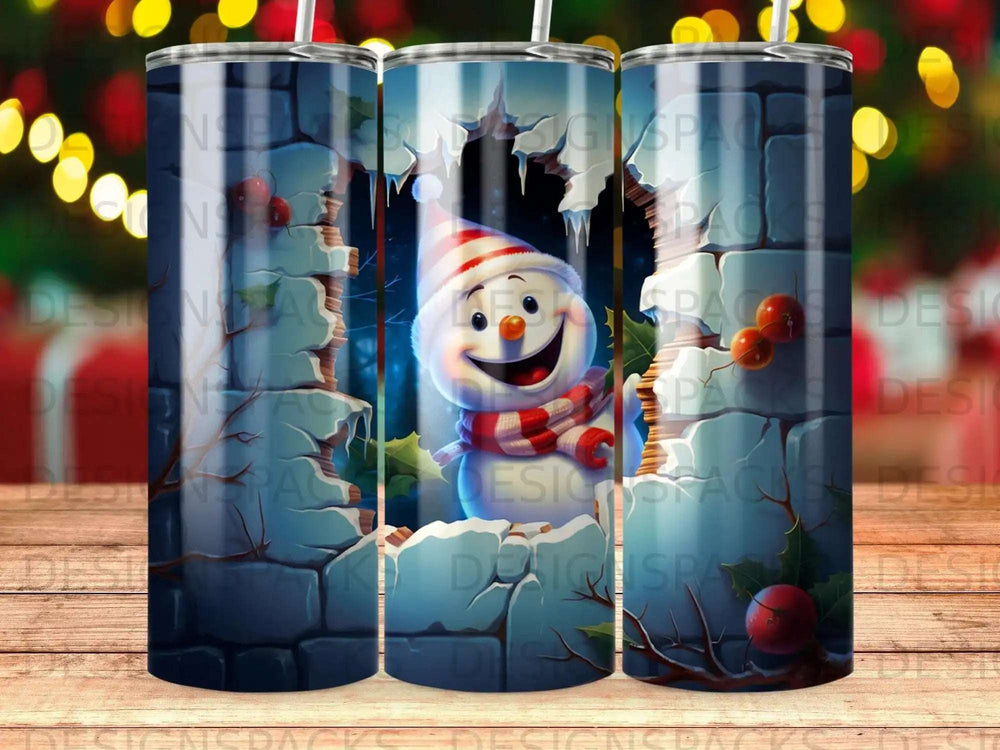 Christmas snowman with striped scarf peeking through cracked ice wall.