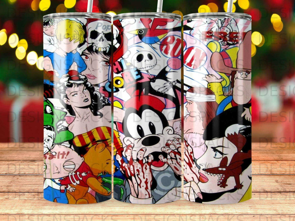 Collage of cartoon and comic book characters, some bloody, on a tumbler.