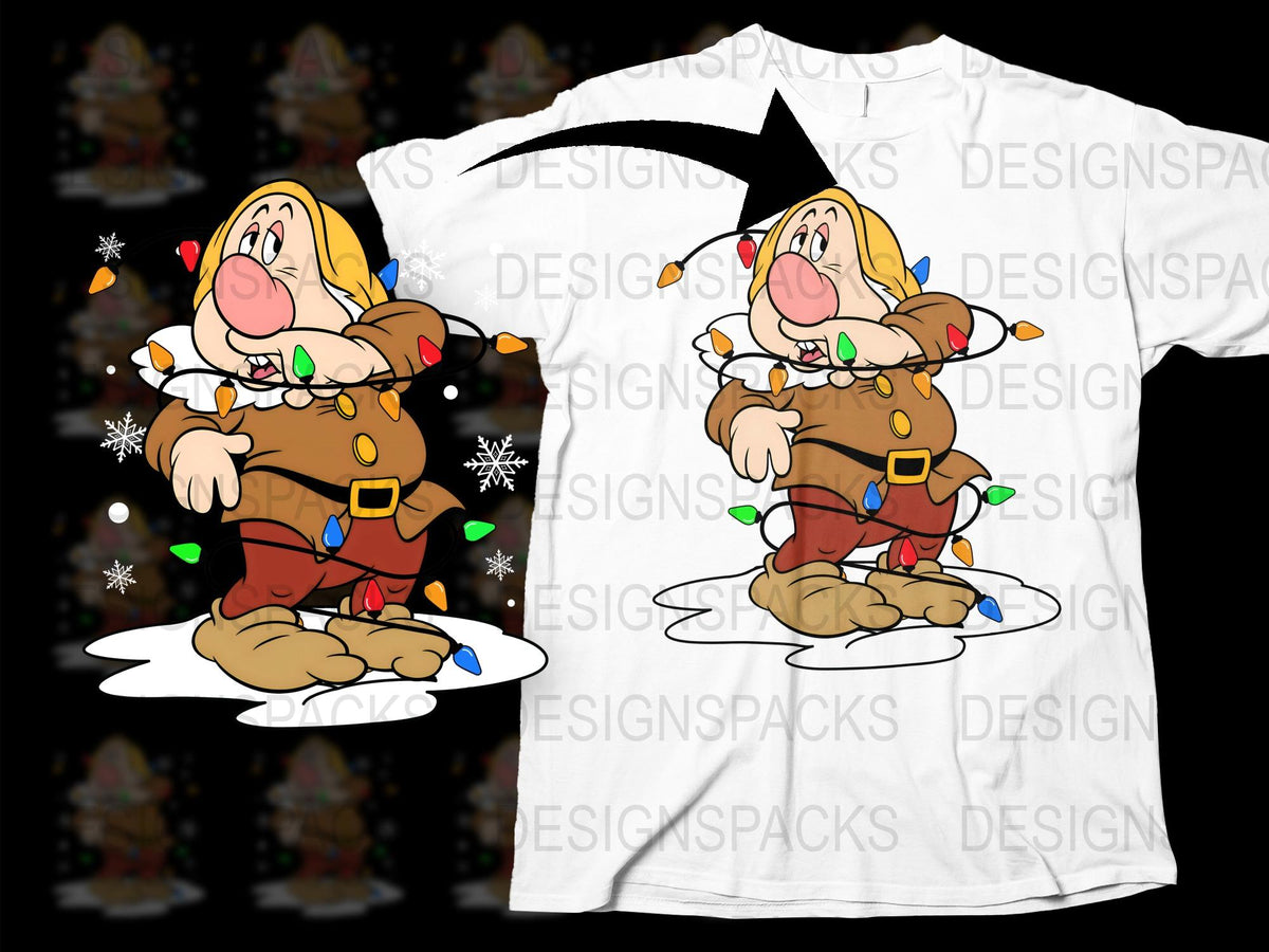 Festive Christmas Dwarf T-Shirt, Holiday Lights and Snowflakes Graphic Tee, Unisex Winter Apparel