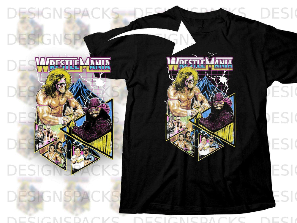 Black t-shirt featuring a retro Wrestlemania graphic with wrestlers and event logo.