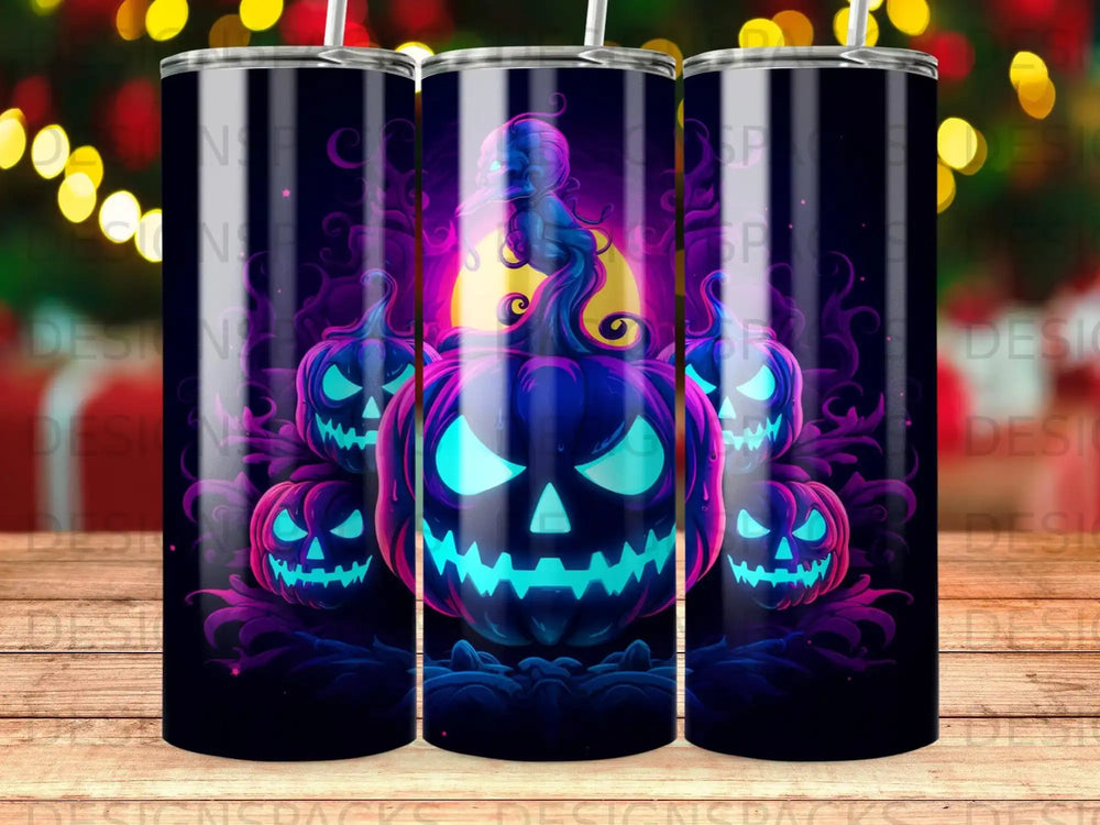 Spooky Halloween pumpkins with glowing eyes under a crescent moon.
