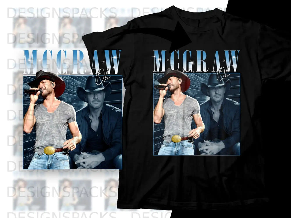 Tim McGraw wearing a gray shirt and jeans, holding a microphone.