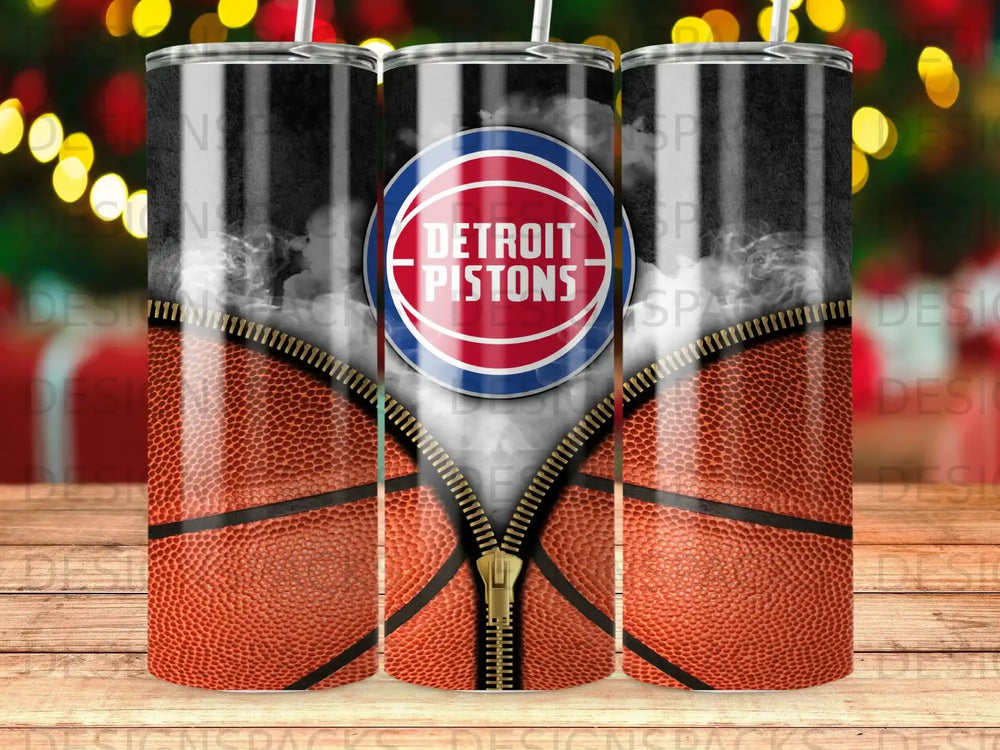 Detroit Pistons basketball tumbler with team logo and smoky background.