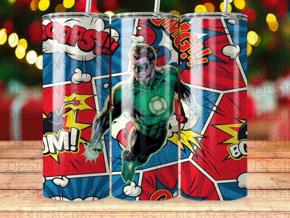 Green Lantern superhero in action against a comic book panel background.