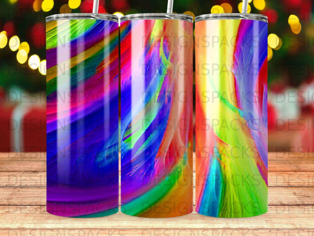 Three tumblers with a psychedelic rainbow swirl pattern and watermarks.