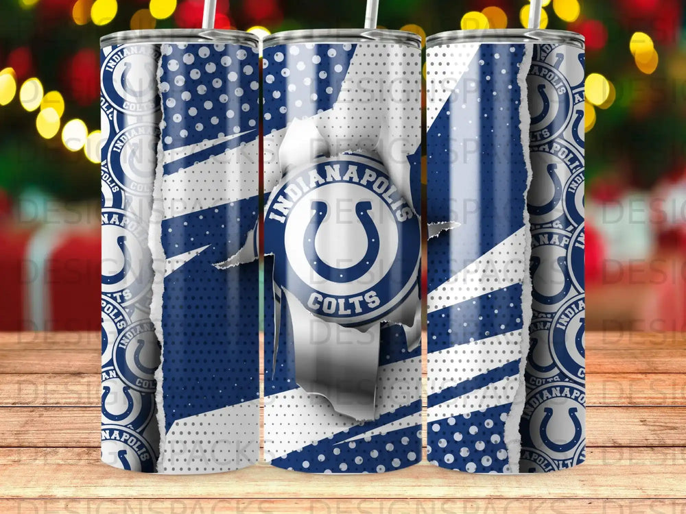 Indianapolis Colts logo on a ripped, distressed blue and white speckled tumbler.