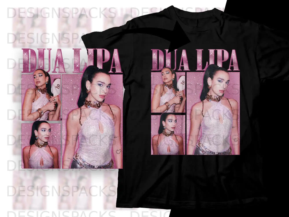 Dua Lipa t-shirt with repeated graphic and text design.