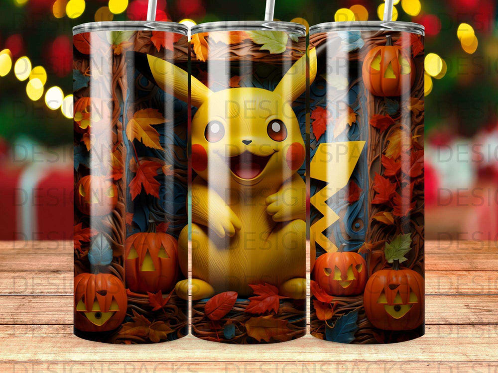 Pikachu surrounded by pumpkins and fall leaves on a tumbler.