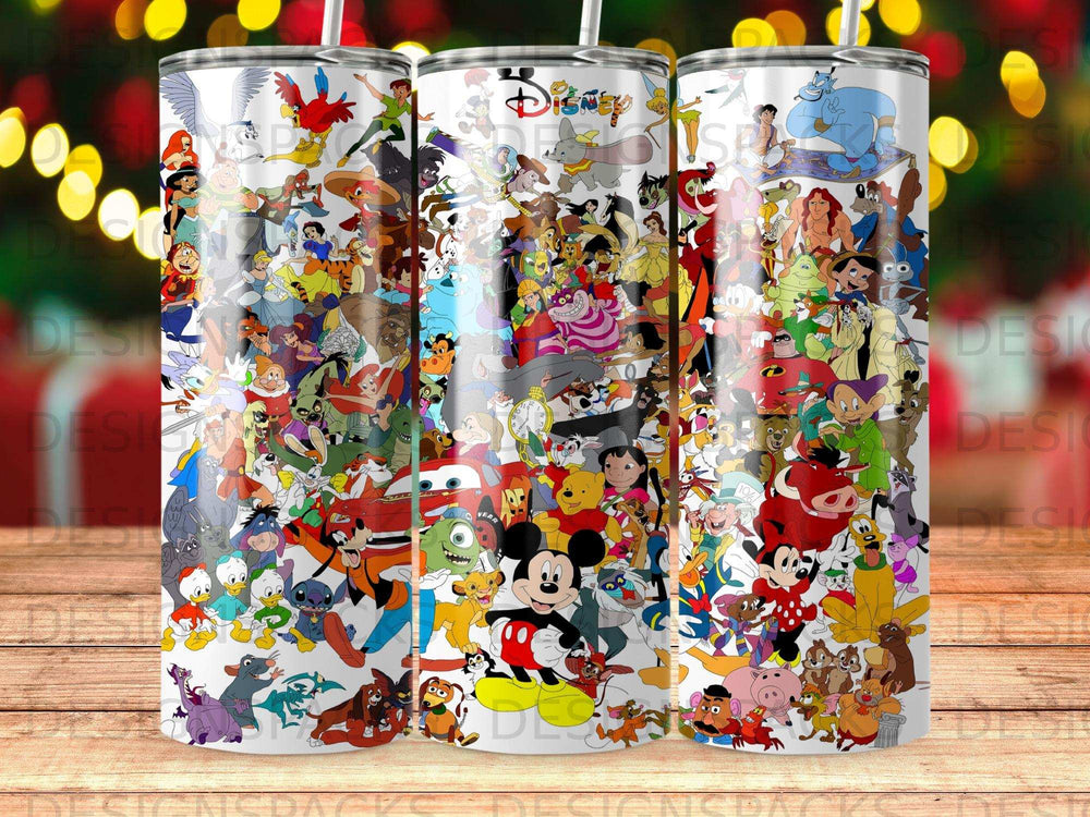 Collage of Disney characters on a tumbler, including Mickey Mouse and Aladdin.