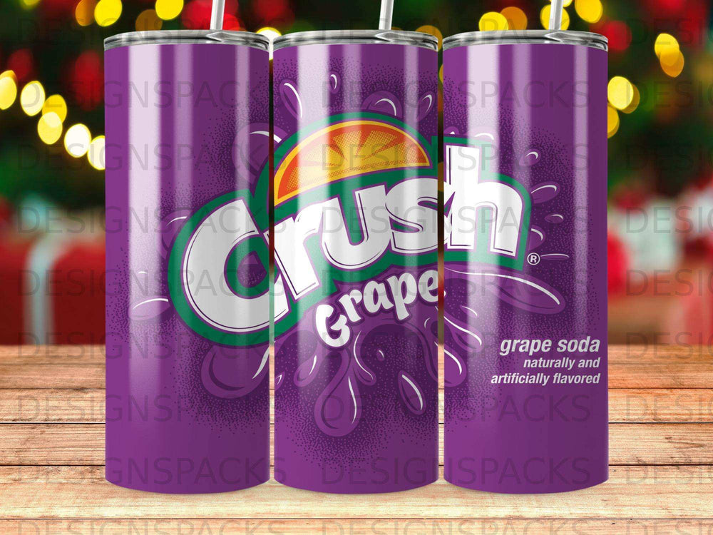 Crush grape soda tumbler with logo and text.