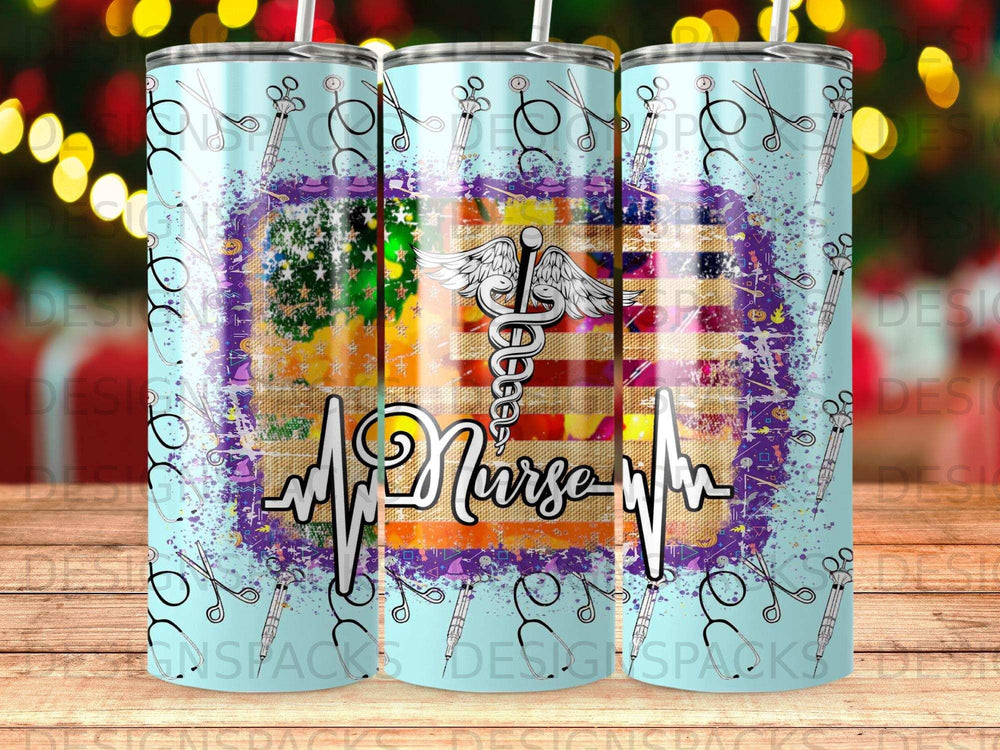 Nurse tumbler with stethoscope, scissors, and US flag design.