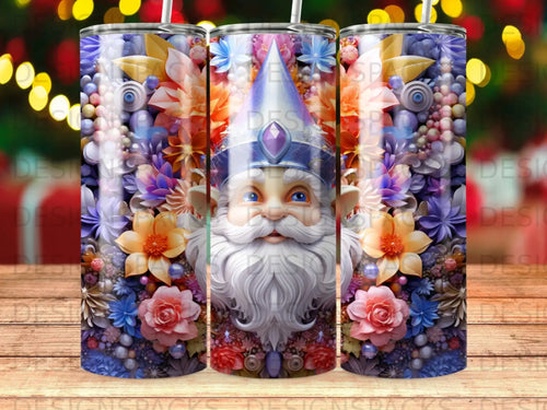 Santa Claus face with floral border, on a tumbler.