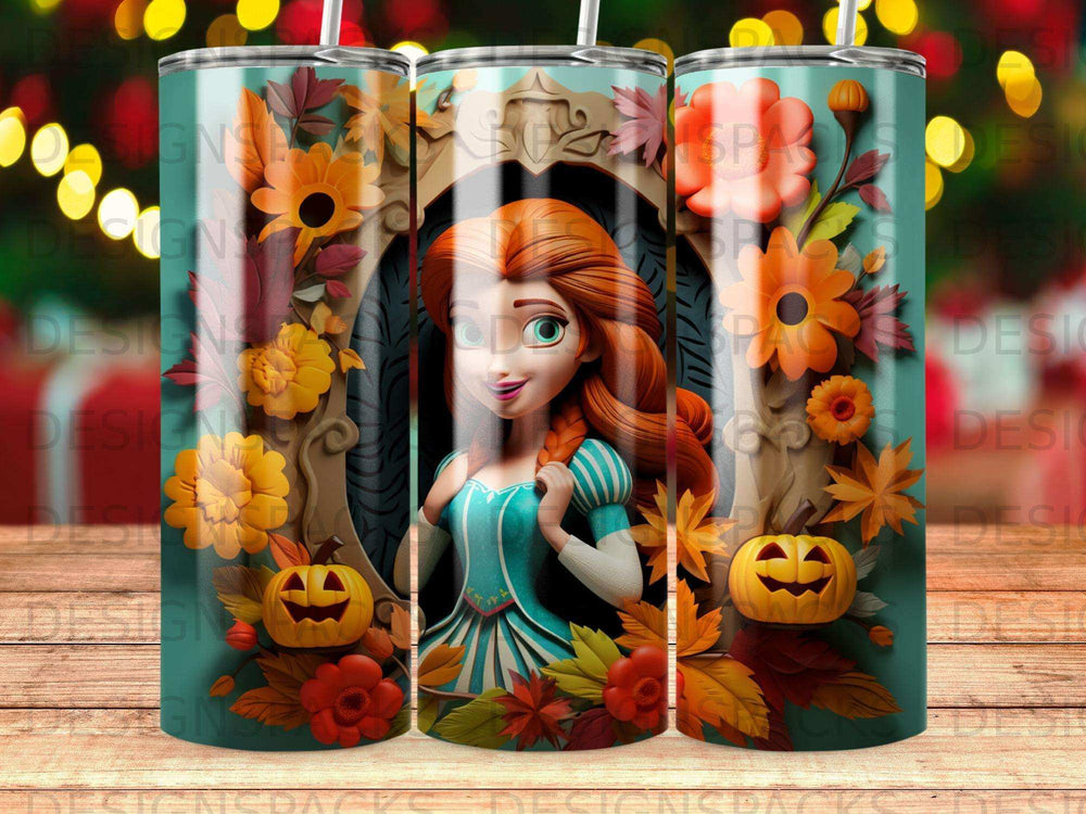 Halloween tumbler with Princess Merida among pumpkins and fall leaves.