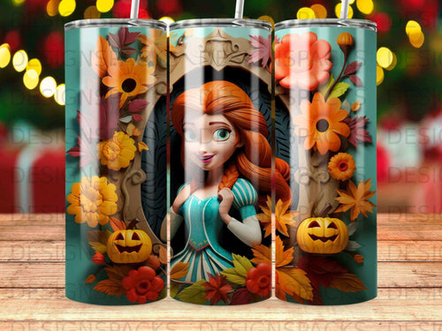 Halloween tumbler with Princess Merida among pumpkins and fall leaves.