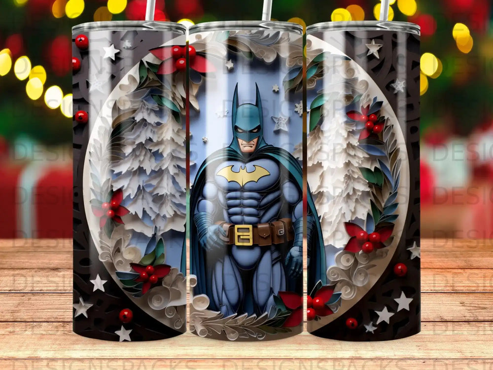 Batman in front of a snowy forest with red flowers.