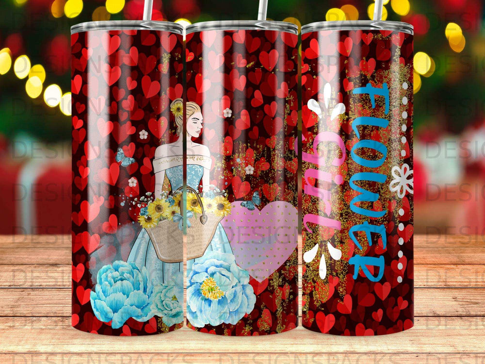 Woman with flowers and hearts pattern tumbler.
