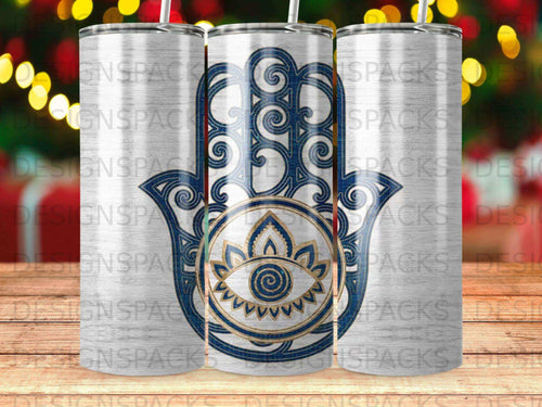 Blue and gold Hamsa hand with eye design on a tumbler.
