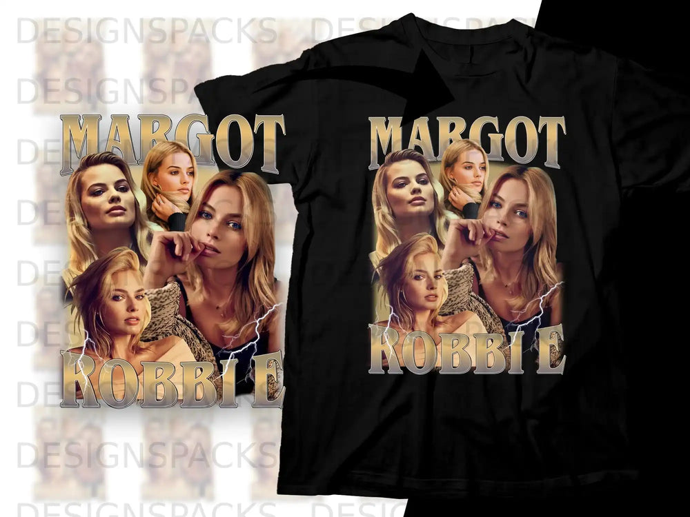 Margot Robbie portrait collage on black t-shirt.