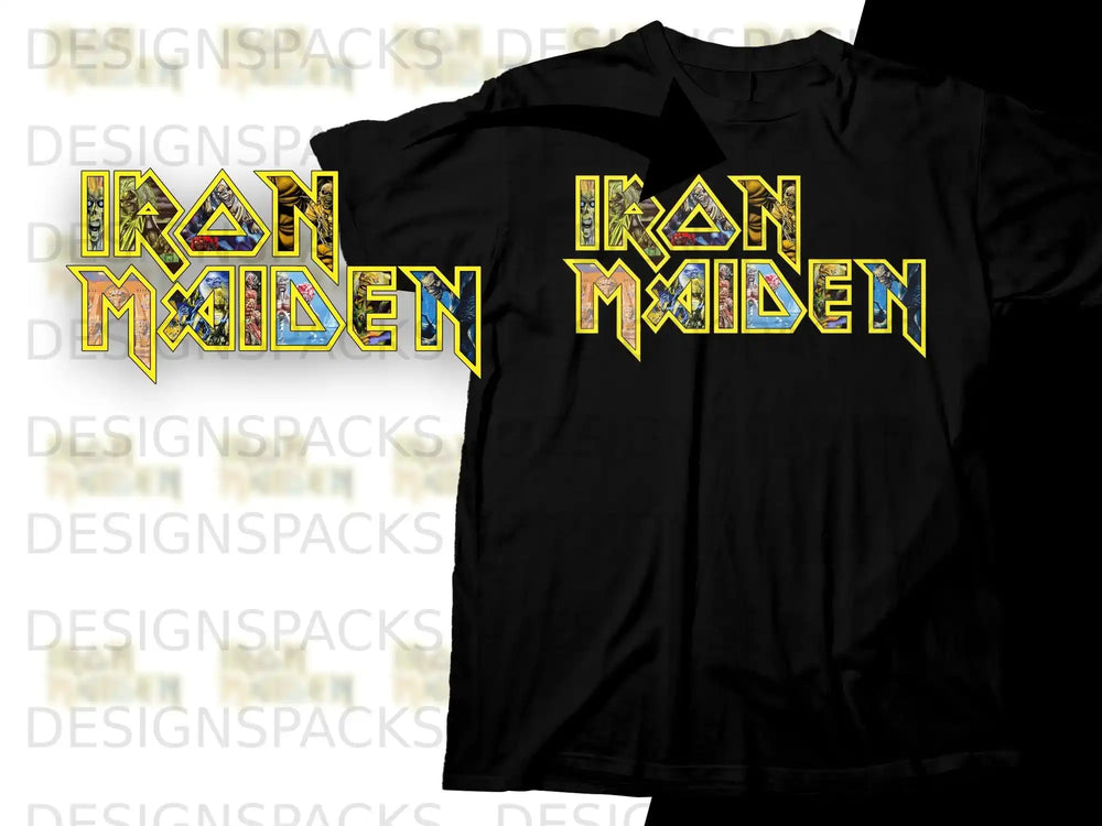 Iron Maiden logo on black t-shirt with "DESIGNSPACKS" watermark.