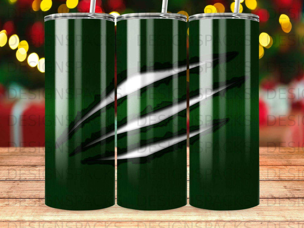 Dark green tumbler with claw mark design and straw.
