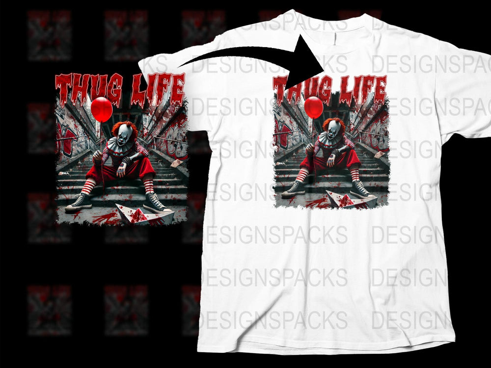 Thug Life Clown Graphic T-Shirt, Urban Streetwear Tee, Cool Hip Hop Style, Bold Red and White Design