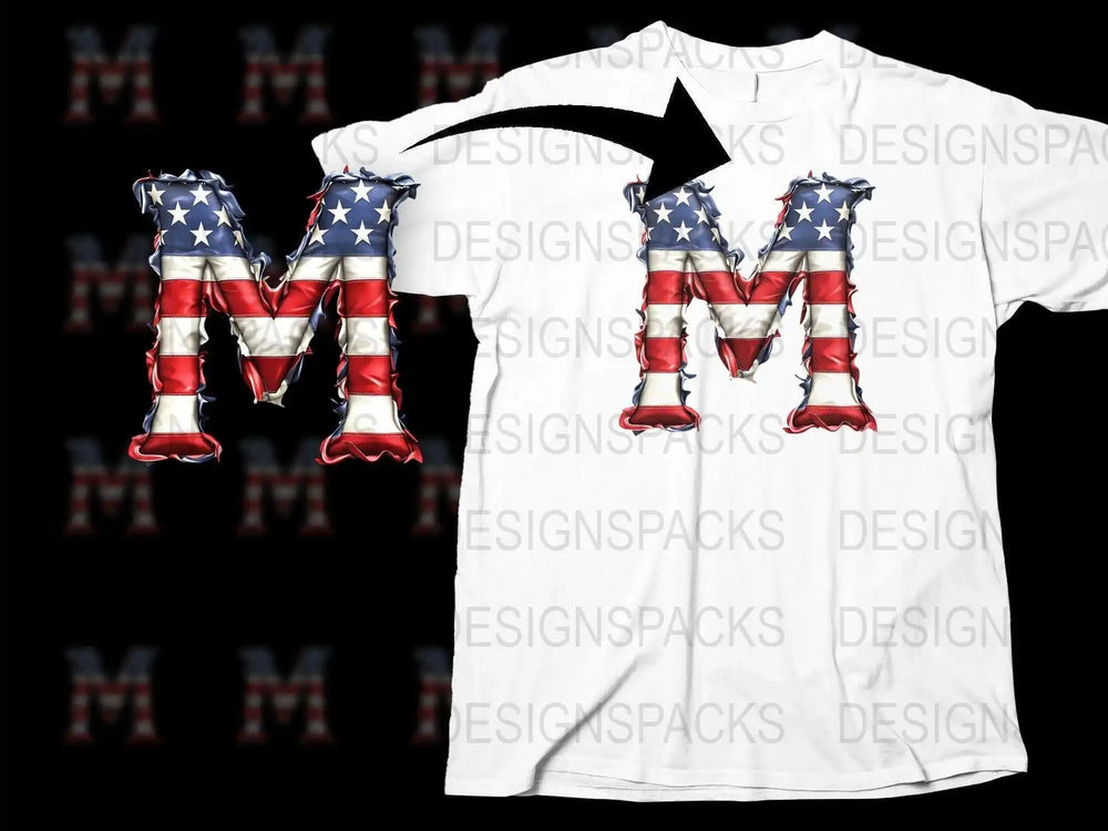 Patriotic T-Shirt with Star Spangled Letter M Design, American Flag Colors, Independence Day Apparel