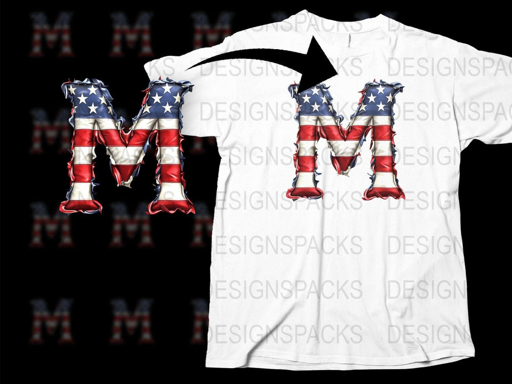Patriotic T-Shirt with Star Spangled Letter M Design, American Flag Colors, Independence Day Apparel