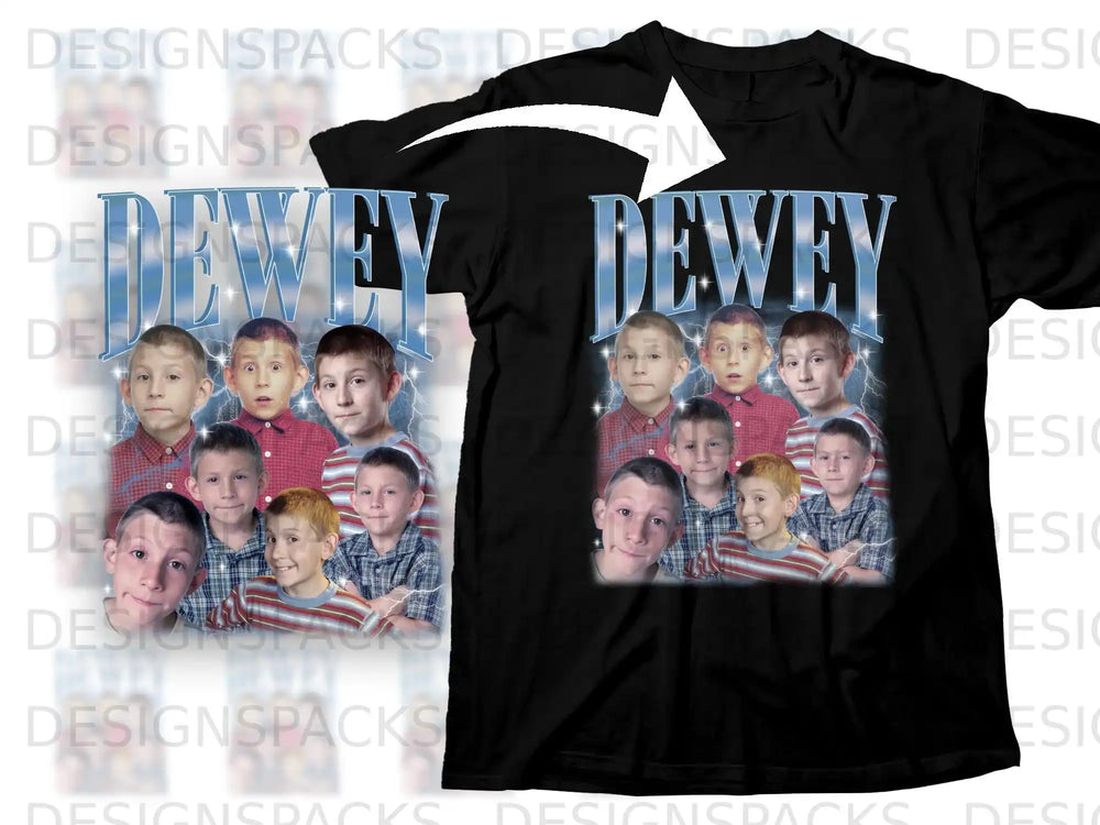 Black t-shirt featuring a grid of Dewey character images and "DEWEY" text.
