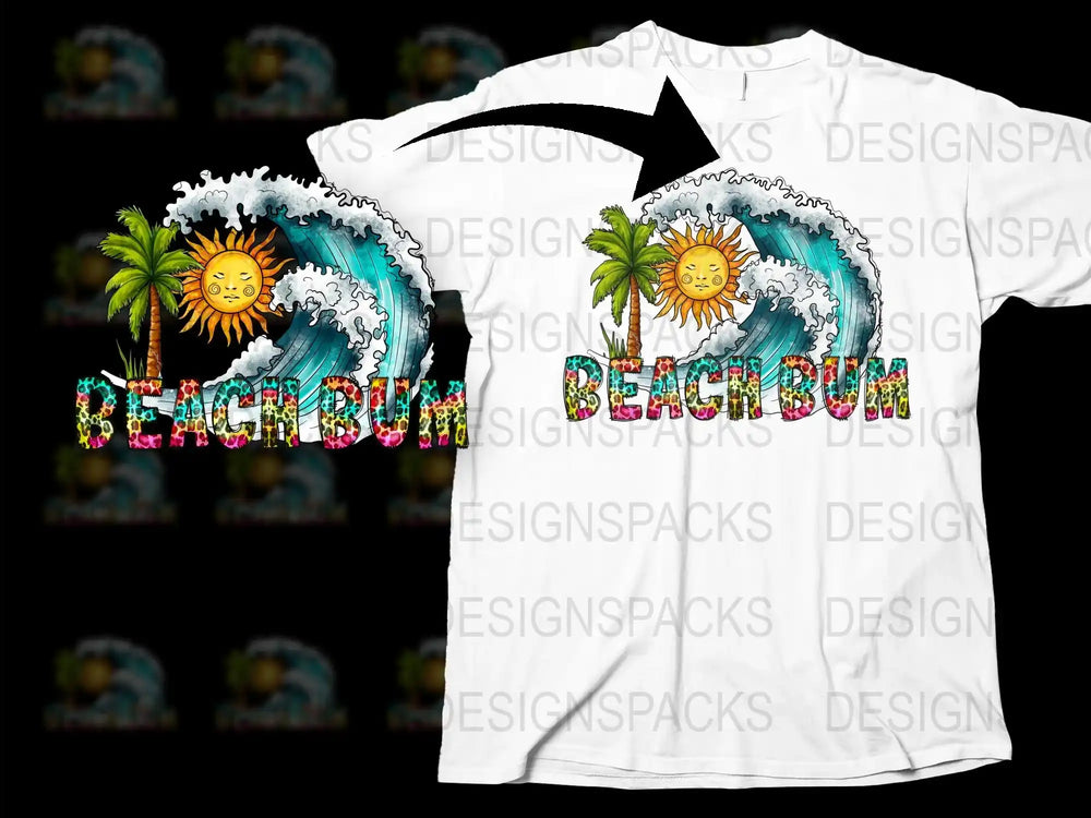Beach Bum T-Shirt, Tropical Sun and Wave Graphic, Unisex Summer Casual Wear, Vibrant Surf Style Tee