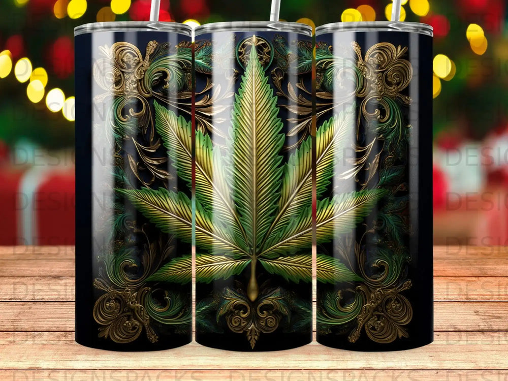 Green cannabis leaf with ornate gold border on a dark background.