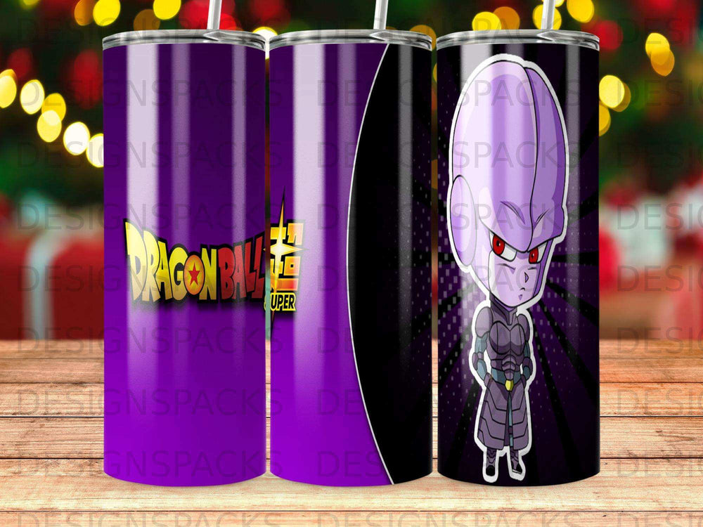 Dragon Ball Z characters on a purple tumbler with "Dragon Ball Z" logo.