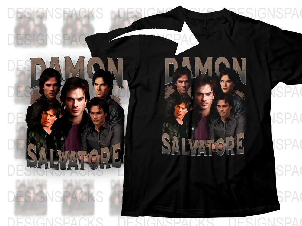 Damon Salvatore Vampire Diaries Graphic T-Shirt, Multiple Poses Fan Tee, Unisex Black Shirt