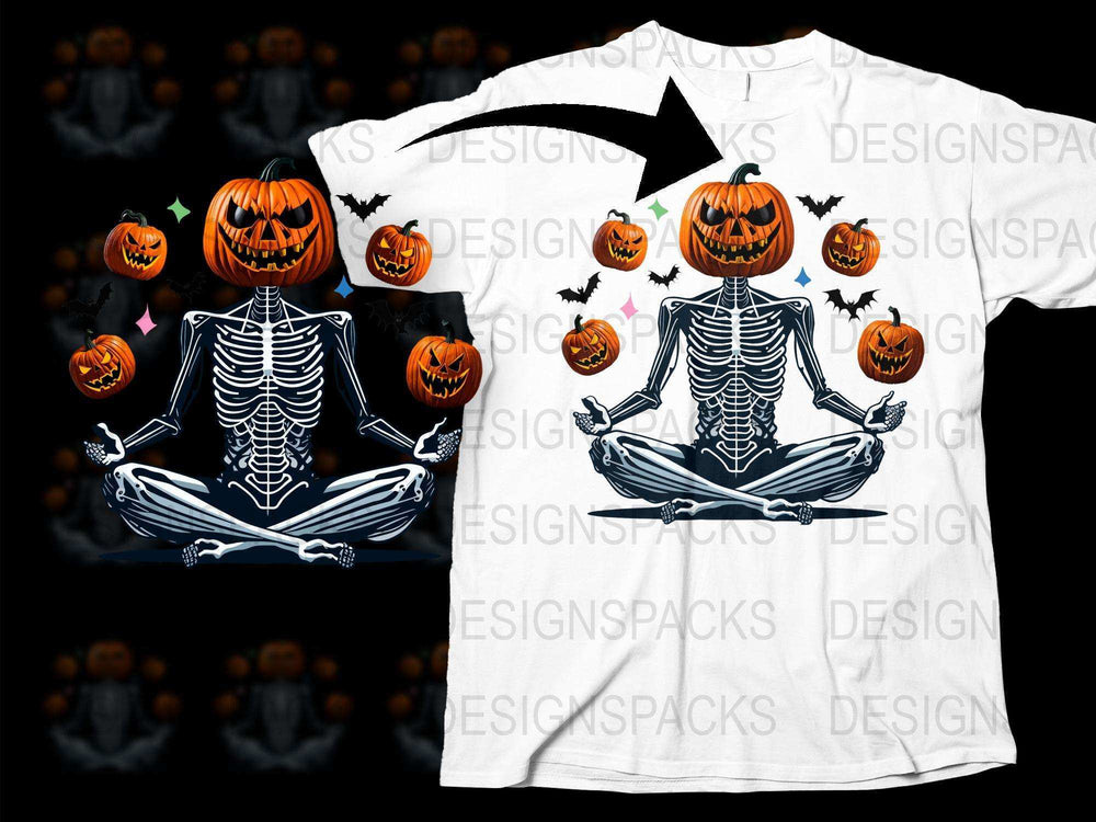 Halloween Skeleton Pumpkin Head Meditation Graphic T-Shirt, Spooky Yoga Tee, Unisex Casual Style Shirt, Fall Fashion Apparel