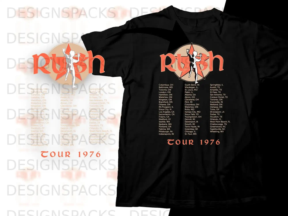 Rush Tour 1976 black t-shirt with city list and circular logo.