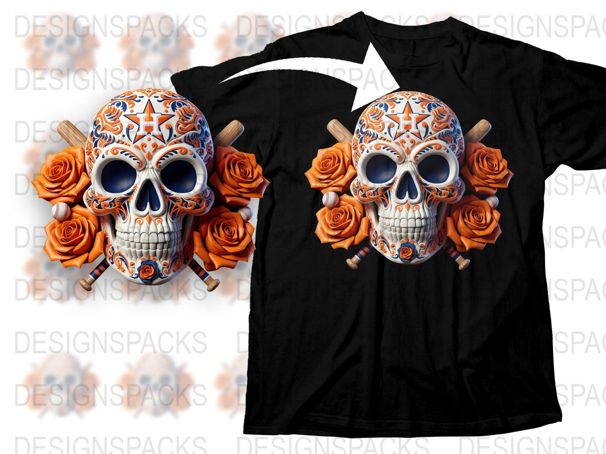 Day of the Dead Sugar Skull T-Shirt, Mexican Dia de Los Muertos Tee, Floral Skull Design, Unisex Black Shirt with Orange Roses