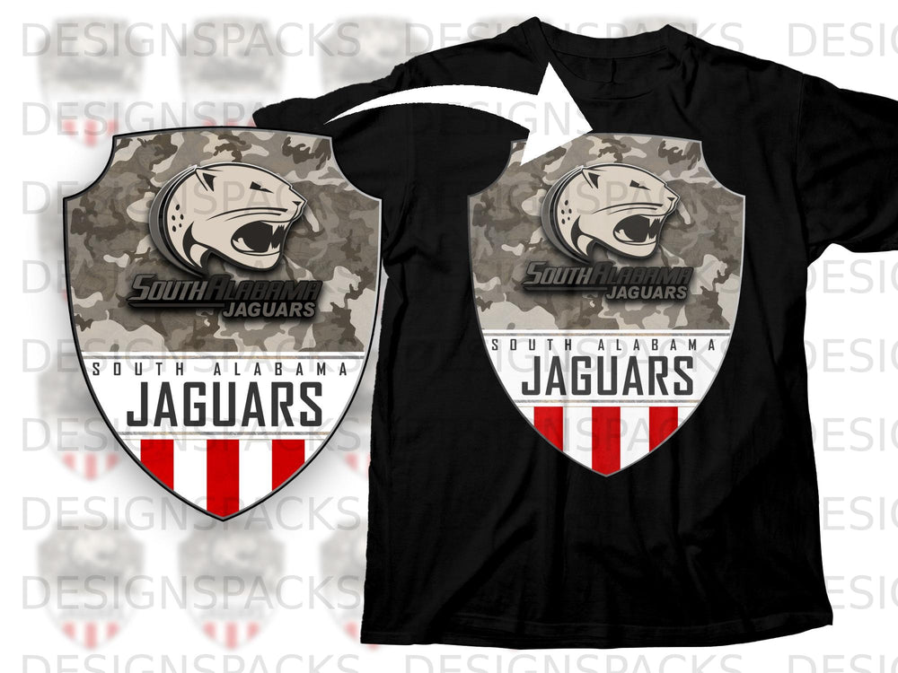 Black t-shirt with a shield graphic featuring a jaguar head and "South Alabama Jaguars" text.