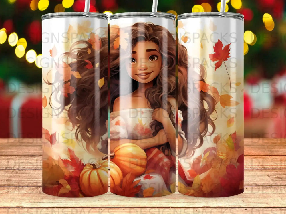 A young woman with long brown hair holding a pumpkin, surrounded by autumn leaves.