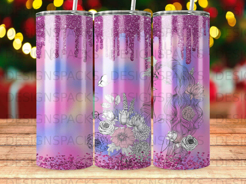 Glittery pink tumbler with floral and butterfly design.