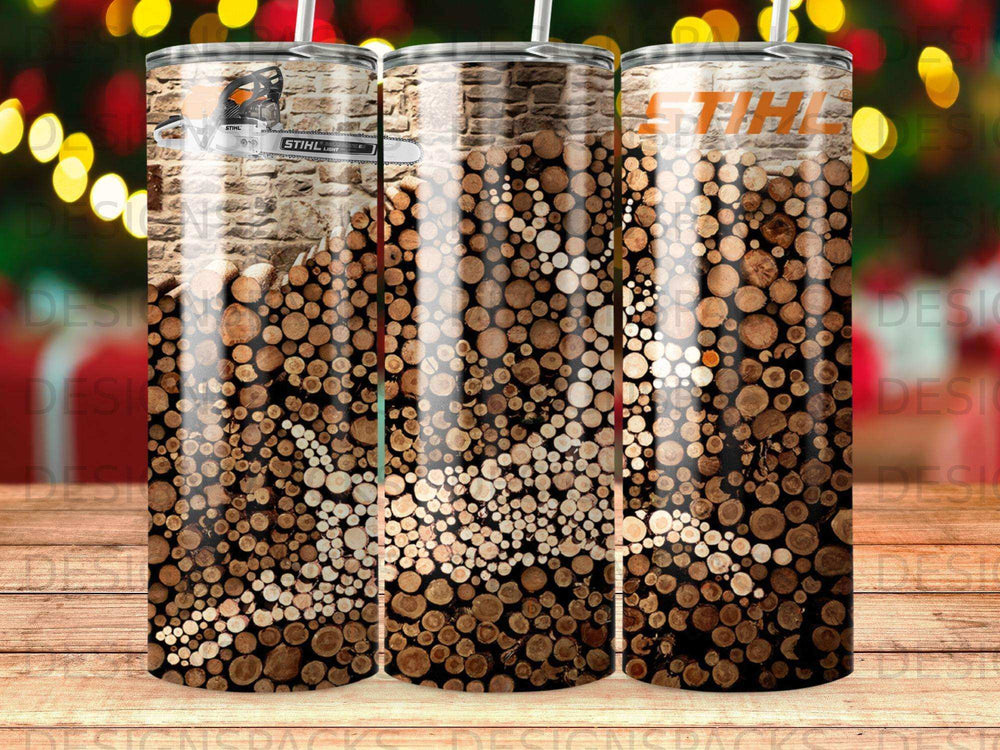Three tumblers with a wood grain pattern and STIHL logo.