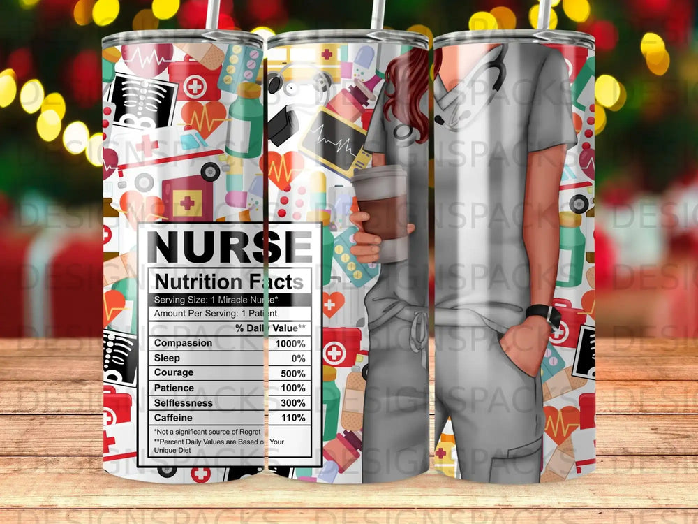 Nurse Nutrition Facts label on a patterned tumbler with medical icons.